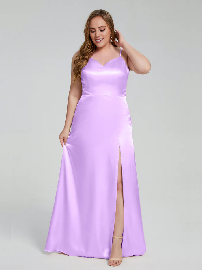 Champagne Satin A-Line Floor-Length Bridesmaid Dress with Sweetheart Neckline and High Slit
