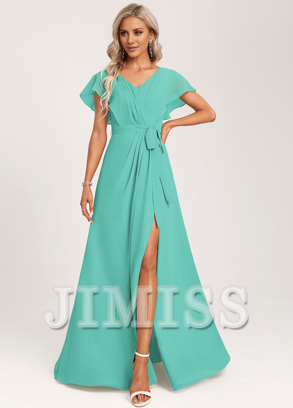 Vestido de dama de honor de gasa con volantes, escote en V y largo hasta el suelo