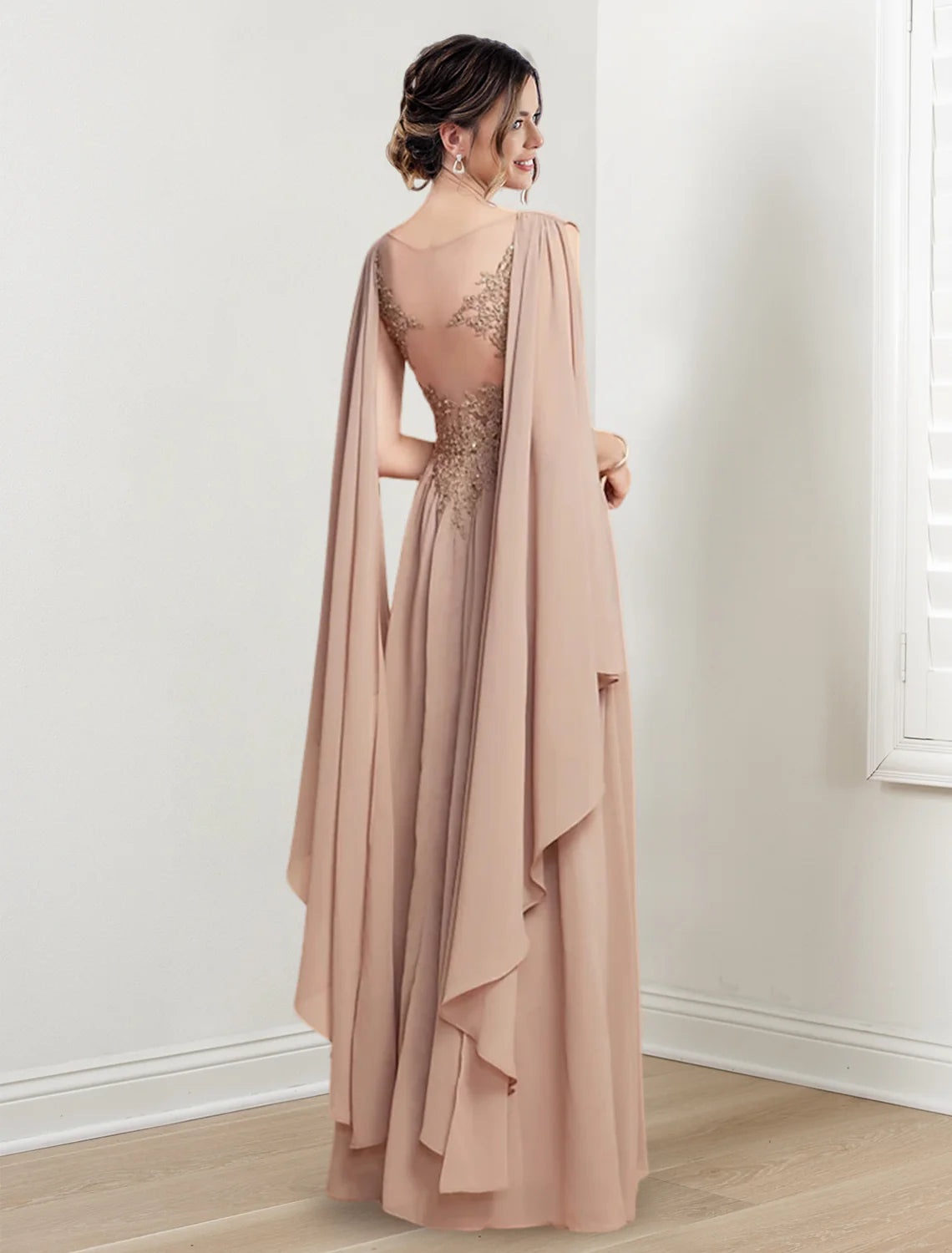 Blushing Pink Chiffon A-Line Floor-Length V-Neck Evening Dress