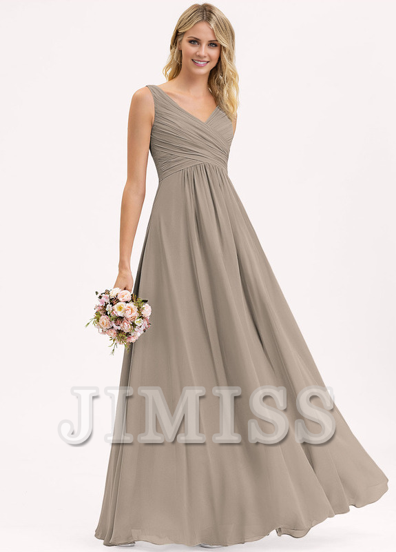 Abito da damigella d'onore in chiffon plissettato, lungo fino al pavimento, con scollo a V e linea ad A