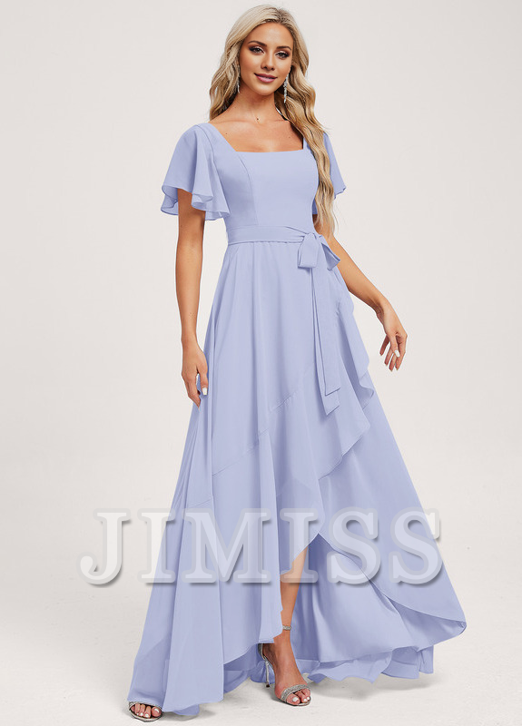 Vestido de dama de honor asimétrico de gasa con corte A y corte cuadrado