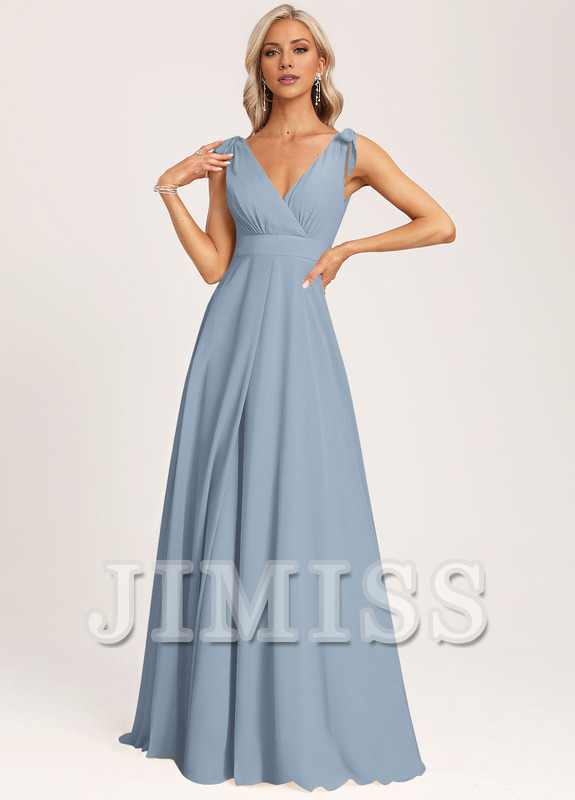 Champagne Chiffon A-Line V-Neck Floor-Length Bridesmaid Dress with Ruched Bodice and High Slit