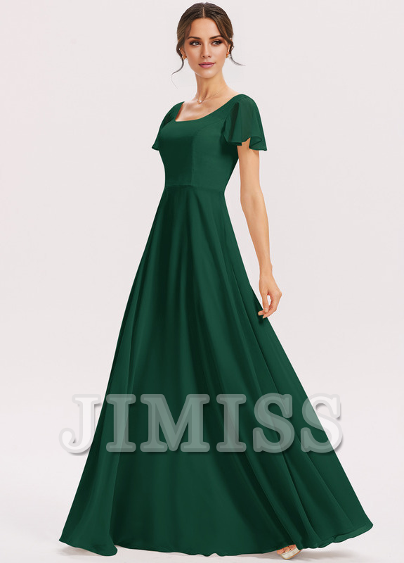 Vestido de dama de honor de gasa con volantes escalonados, corte A, cuadrado, largo hasta el suelo