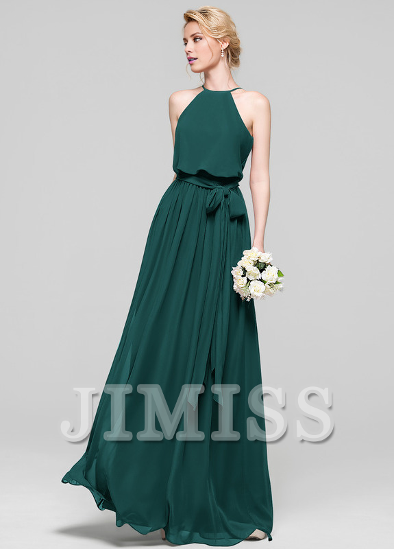 Burgundy Chiffon A-Line Halter Backless Bridesmaid Dress