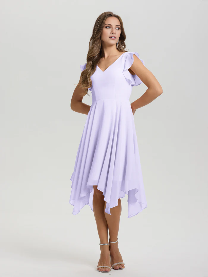 Lotus leaf edge sleeve V-neck asymmetrical tea long chiffon tea long bridesmaid dress