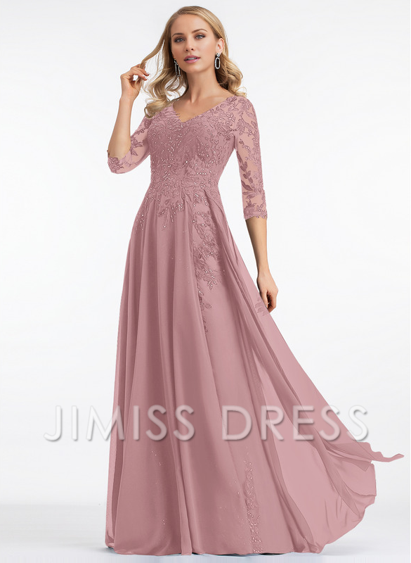 Dark Navy Lace & Chiffon A-Line Floor-Length Evening Dress with V-Neck and Sheer Sequin Sleeves