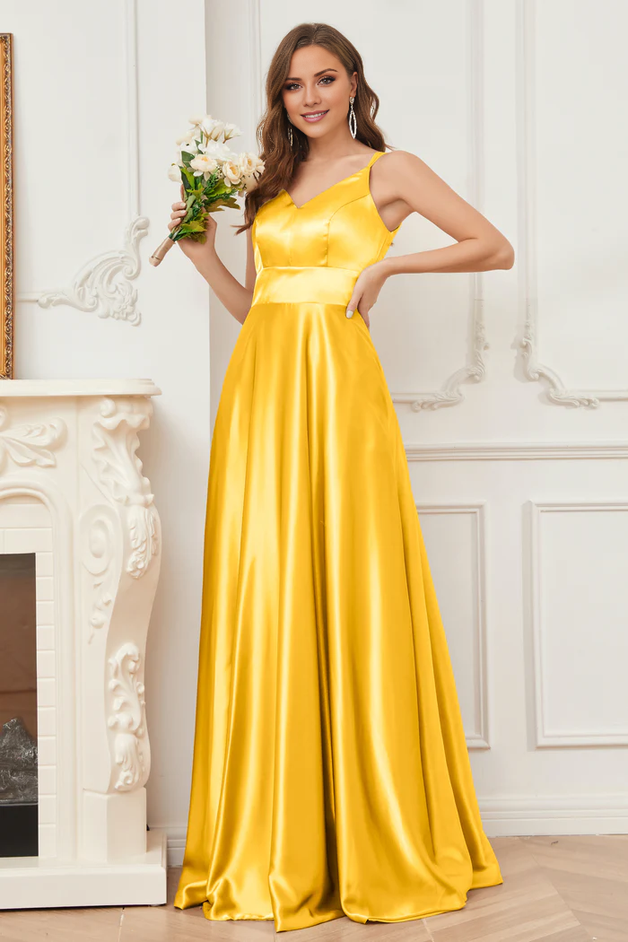 Vestido de dama de honor de satén suave, escote en V y tirantes finos hasta el suelo