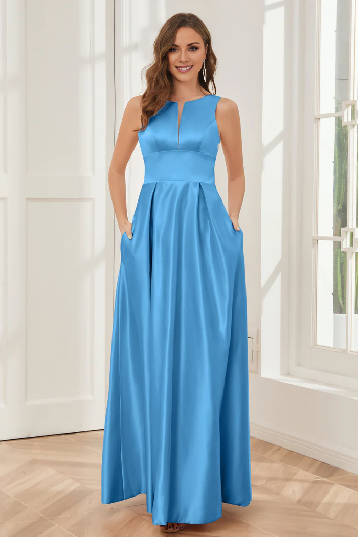 Abito da damigella d'onore a trapezio, senza maniche, in raso, lungo fino al pavimento