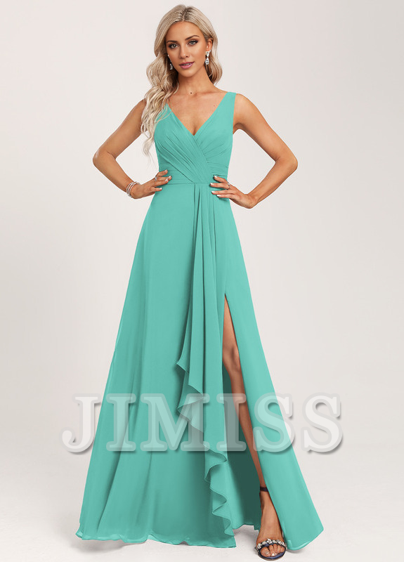 Dark Navy Chiffon A-Line Floor-Length Bridesmaid Dress with V-Neck & High Slit