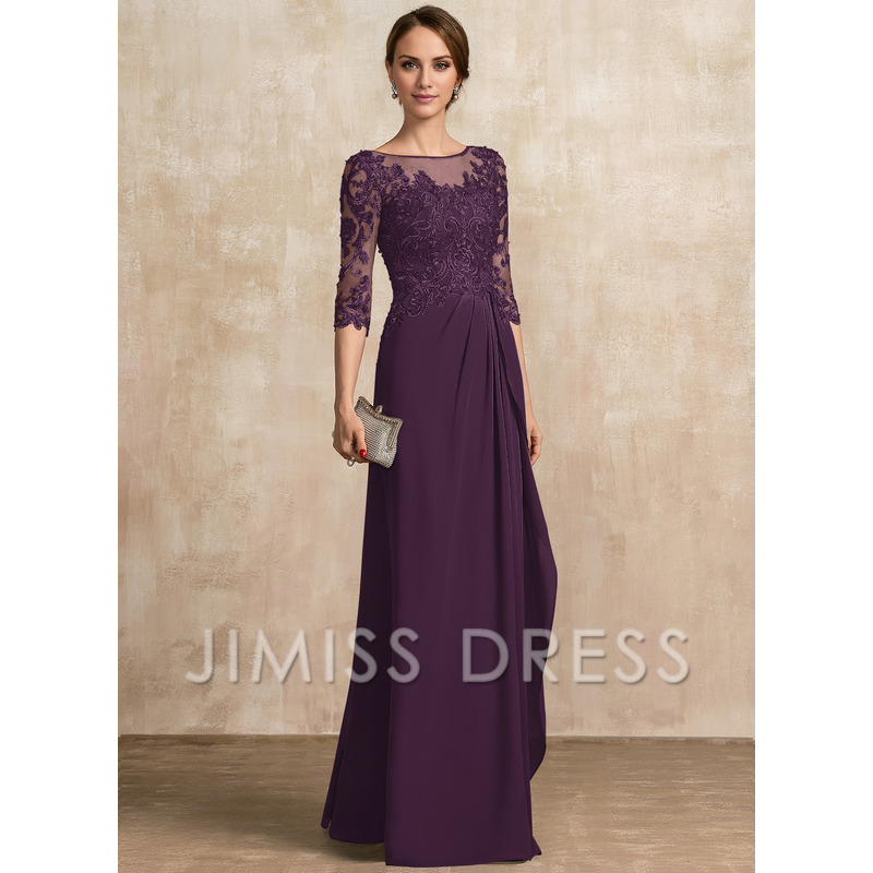 Jimiss A-shaped Scoop Illusion floor mopping chiffon lace ribbon bead sequins layered ruffles mother of the bride dress