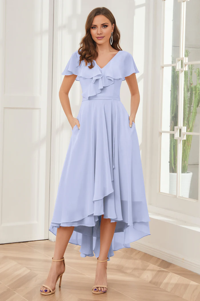 V-neck high-low short sleeved tea long bridesmaid dress