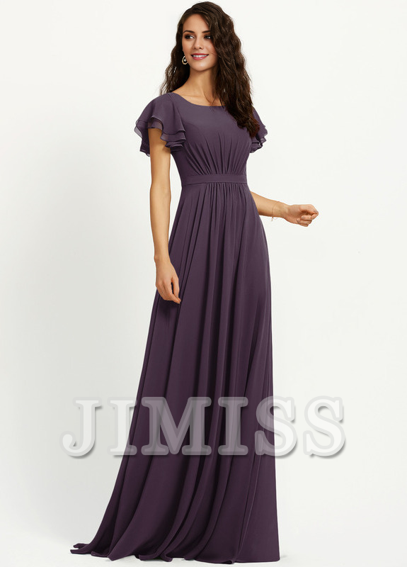 Vestido de dama de honor de gasa con escote redondo y volantes en forma de A