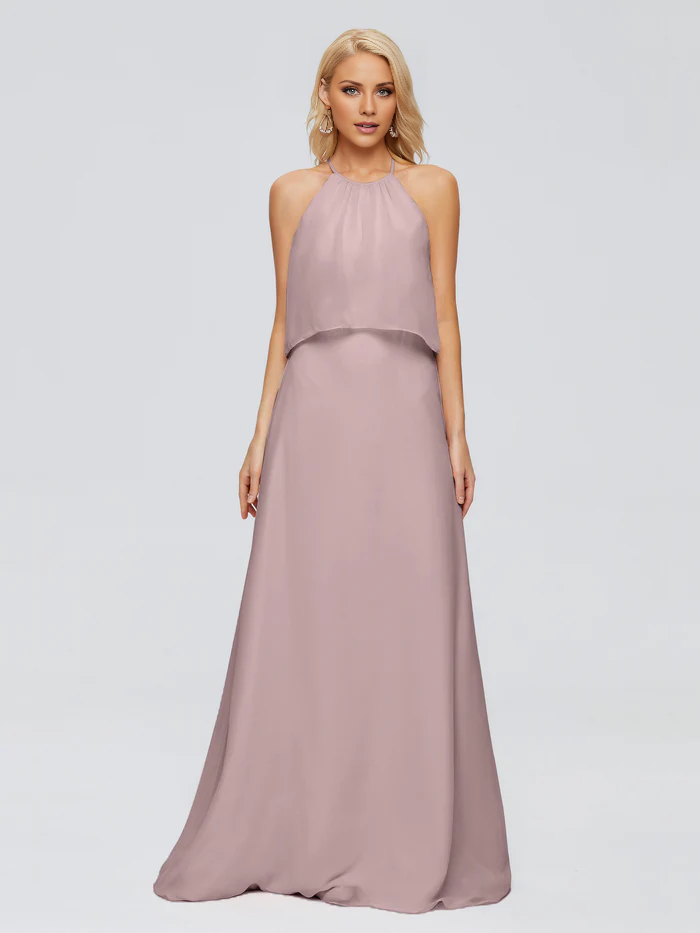 Vestido de dama de honor largo hasta el suelo en gasa con escote halter