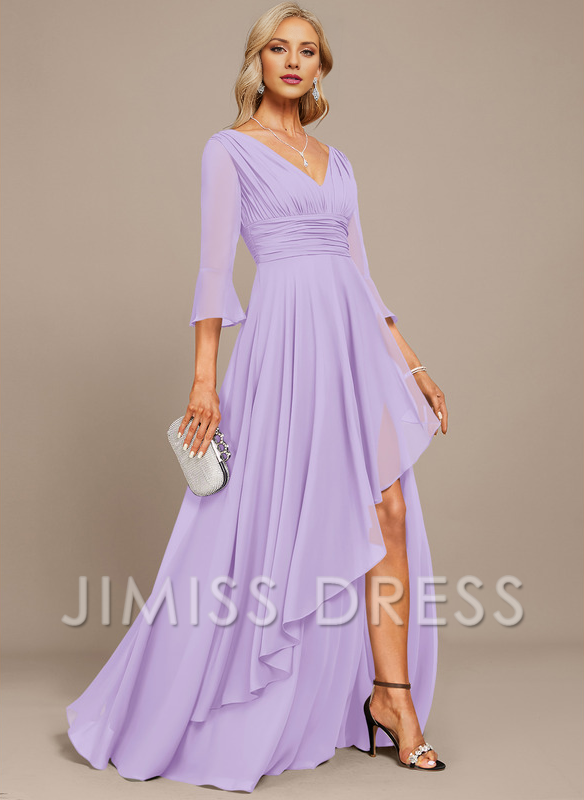Stormy Chiffon A-Line Asymmetrical Bridesmaid Dress with V-Neck and Pleated Bodice