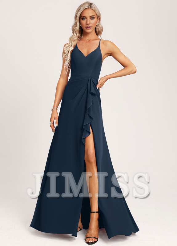 Burgundy Chiffon A-Line Floor-Length Bridesmaid Dress with V-Neck & High Slit