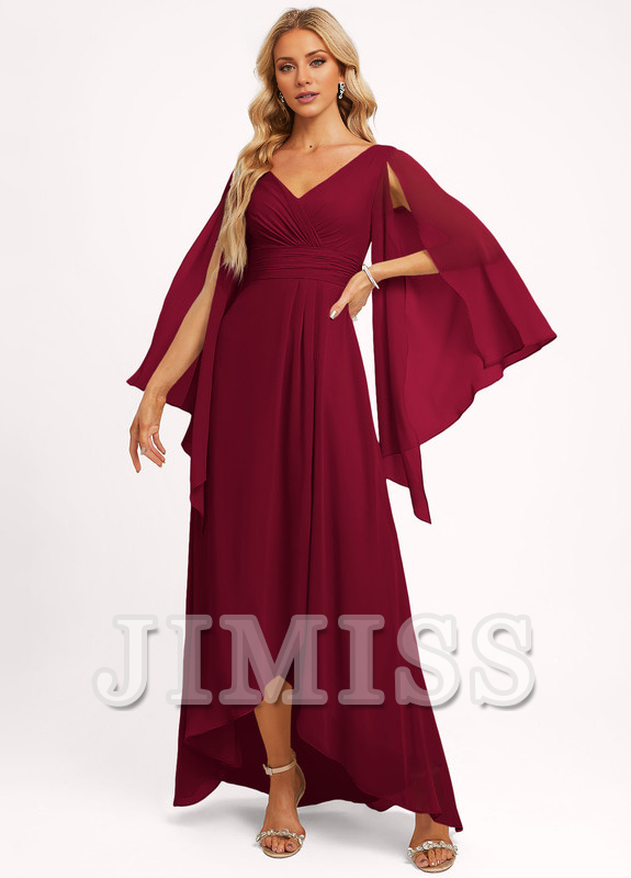 Vestido de dama de honor asimétrico de gasa con escote en V y volantes en forma de A