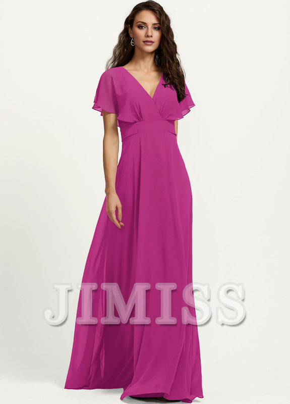 Abito da damigella d'onore in chiffon lungo fino al pavimento, con scollo a V e linea ad A