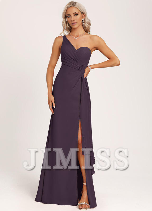 Vestido de dama de honor de gasa con volantes, corte A, un hombro al aire y largo hasta el suelo