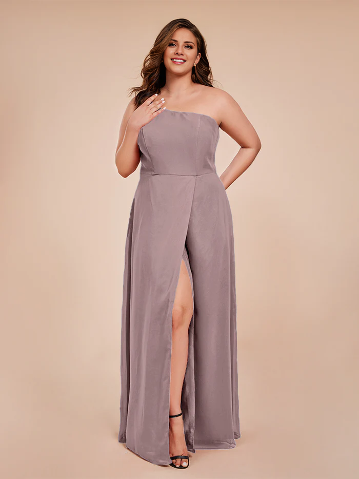 Plus size one shoulder side slit chiffon bridesmaid dress