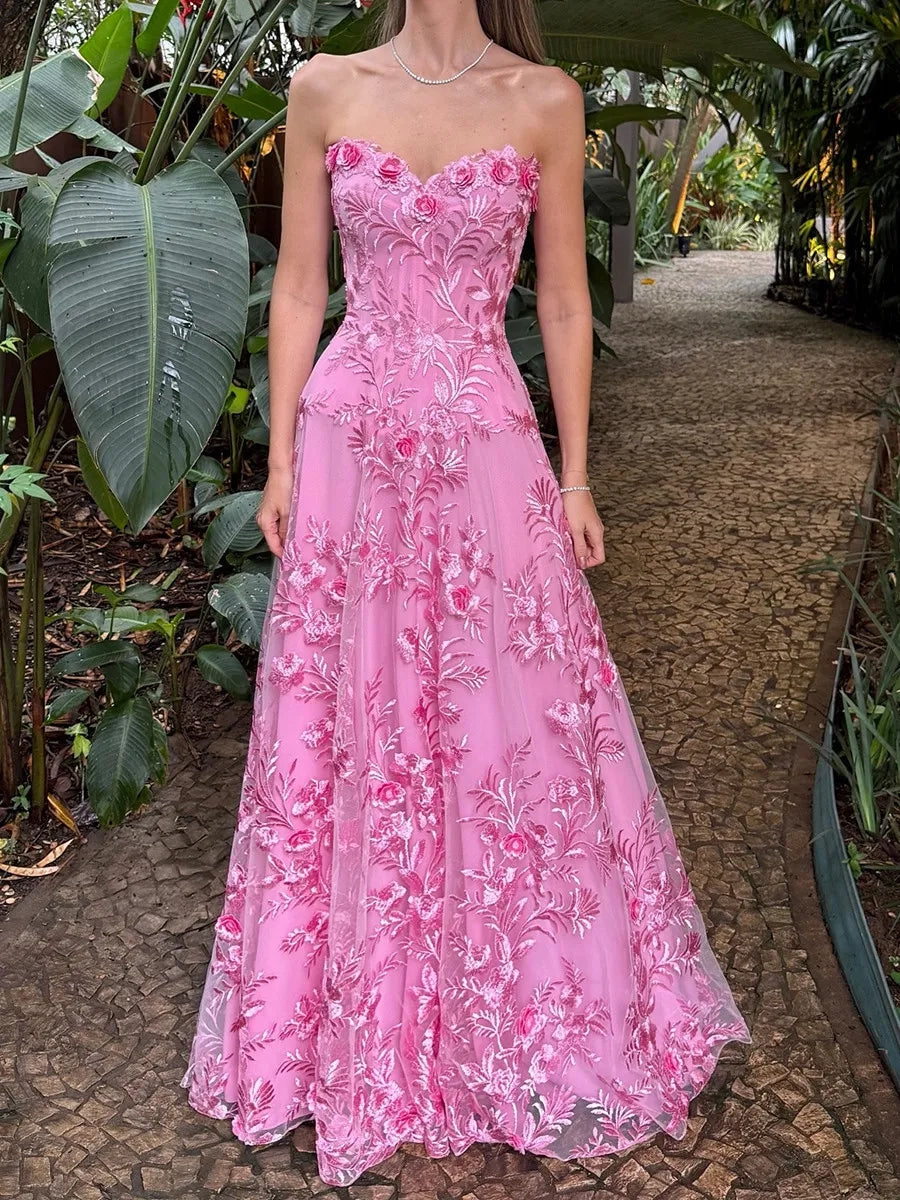Romantic A Line Sweetheart Strapless Open Back Long Prom Dress