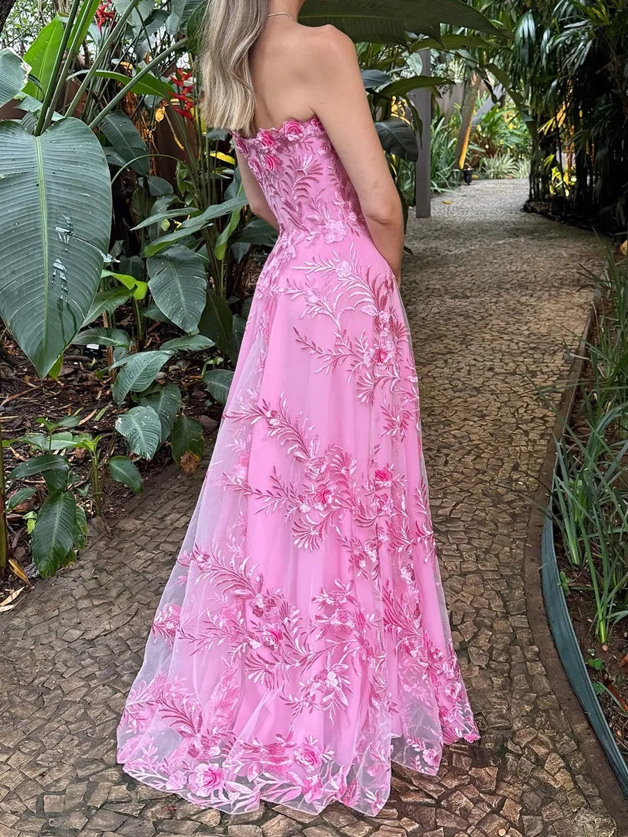 Romantic A Line Sweetheart Strapless Open Back Long Prom Dress