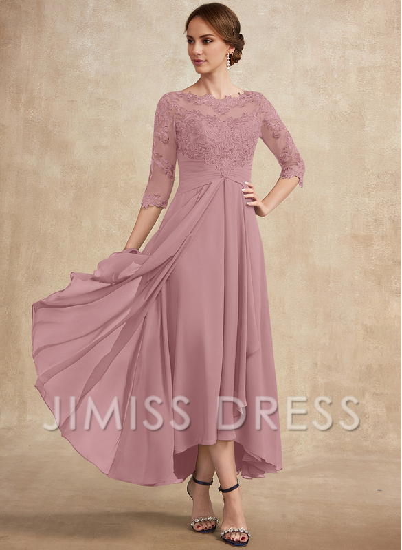 Slate Blue Chiffon A-Line Asymmetrical Evening Dress with Lace Bodice and Boat Neck