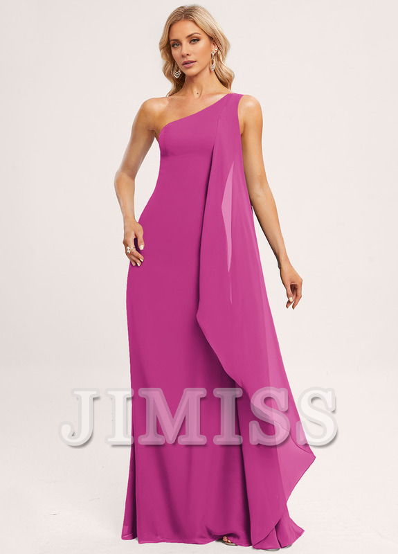 Vestido de dama de honor de gasa con volantes, corte A, un hombro al aire y largo hasta el suelo