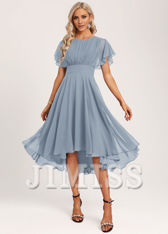 Vestido de dama de honor asimétrico de gasa con volantes, corte A y cuchara