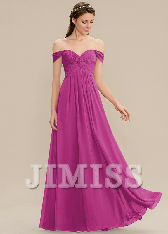 Vestido de dama de honor de gasa con volantes, corte A, hombros descubiertos y largo hasta el suelo