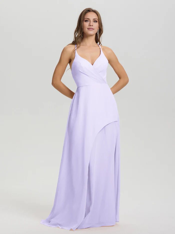 Shoulder strap V-neck backless long chiffon formal and floor length Bridesmaid dresses