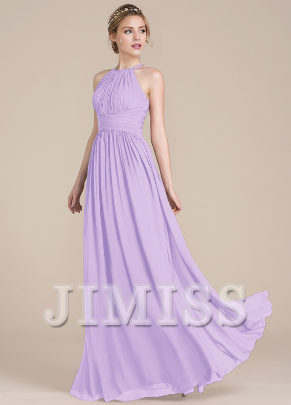 Vestido de dama de honor de gasa con escote redondo y corte A con diseño de hojas de loto