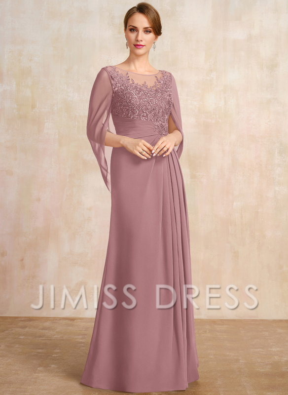 Dark Navy Chiffon A-Line Floor-Length Dress with Illusion Neck & Cape Sleeves