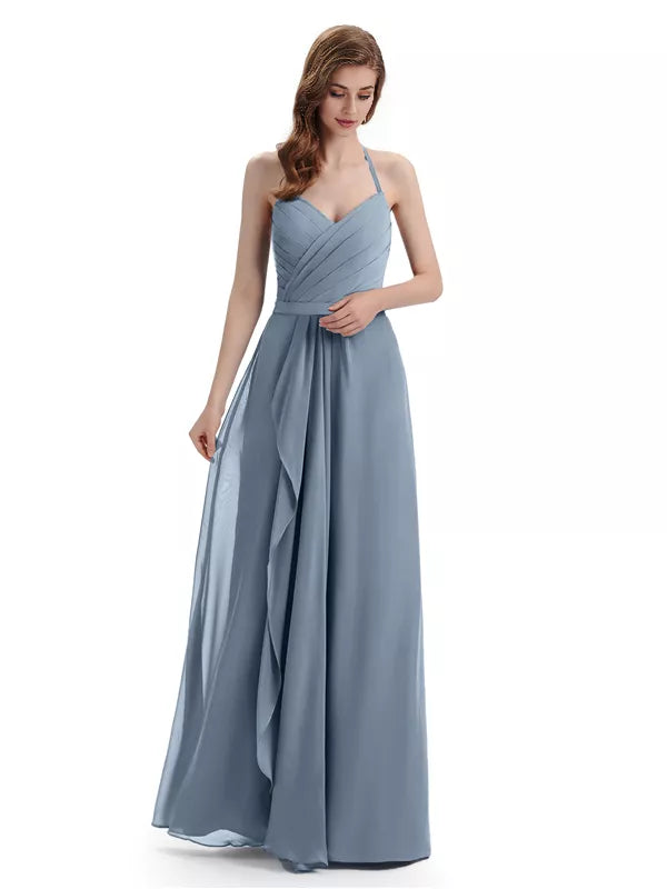 Encantadores vestidos de dama de honor con escote en V, hombros descubiertos, sin mangas y hasta el suelo