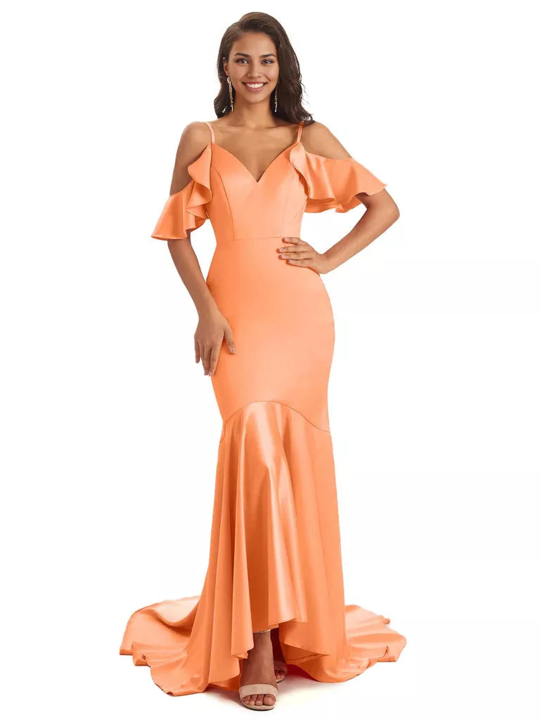 Vestidos de dama de honor de satén suave, asimétricos, con tirantes finos, sin mangas, corte sirena y hombros descubiertos