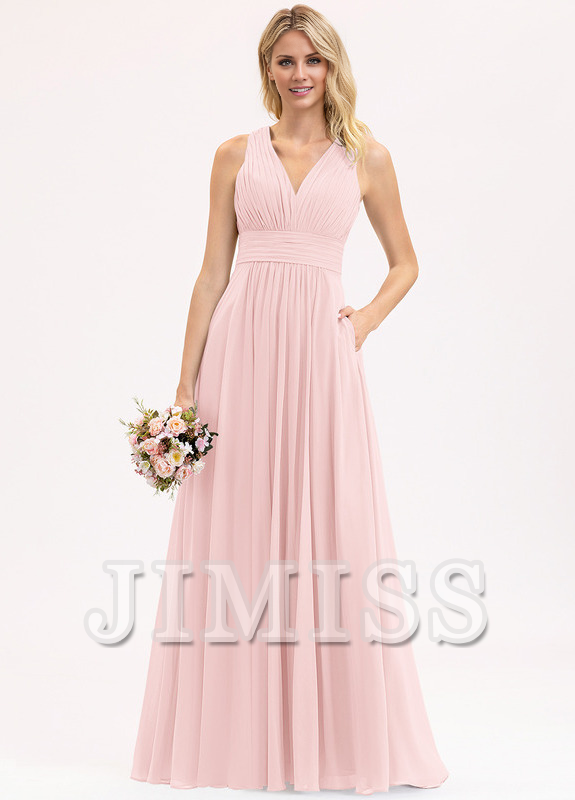 Vestido de dama de honor de gasa con escote en V, largo hasta el suelo y lazo con volantes