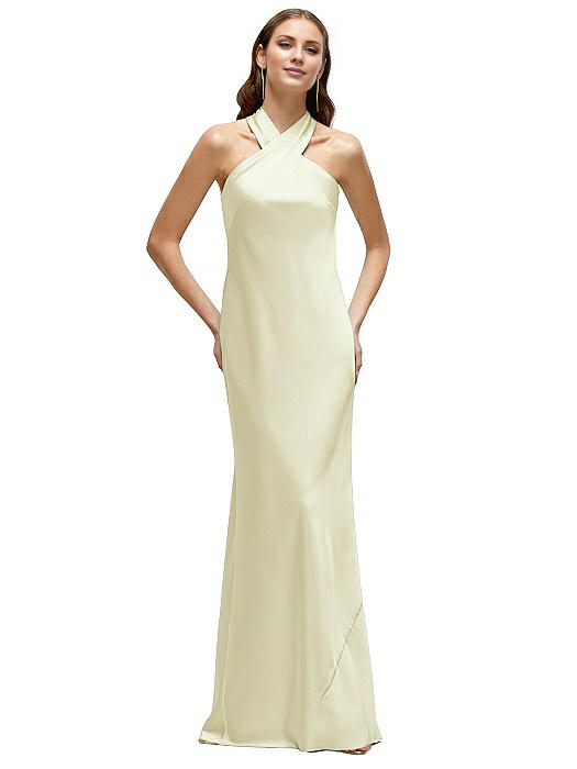 Vestido de fiesta Jimiss con escote cruzado, cuello colgante, hombros descubiertos, sin mangas, espalda descubierta y largo hasta el suelo