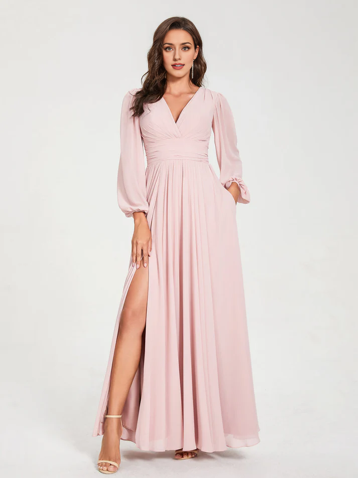 Chiffon Puff-Sleeve V-Neck Ruched Bodice High-Slit A-Line Floor-Length Bridesmaid Dresses