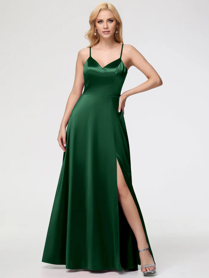 Vestido de fiesta Jimiss de satén sin mangas, con escote en V y tirantes finos