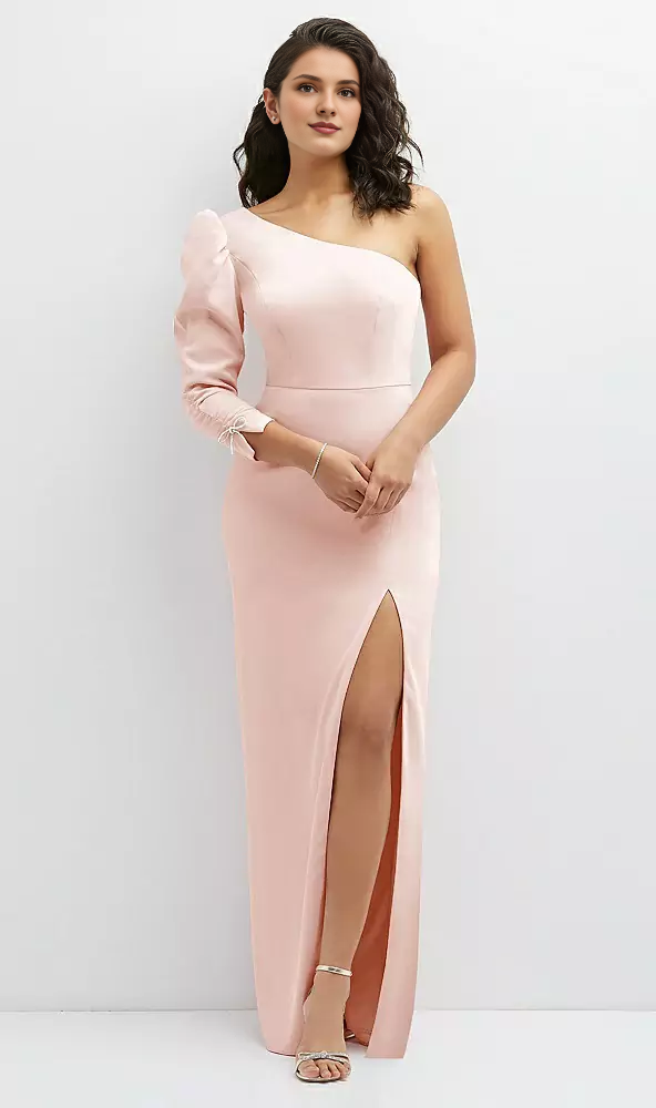 3/4 Bubble Sleeve One Shoulder Bow and Floor length Prom Dress