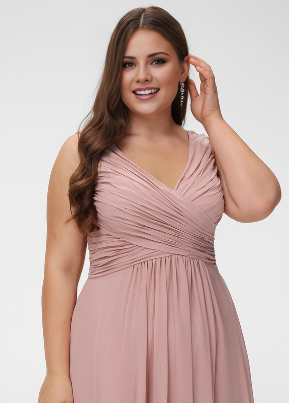 Abito da damigella d'onore in chiffon plissettato, lungo fino al pavimento, con scollo a V e linea ad A