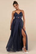 Vestido de noche Jimiss con escote en V, hombros descubiertos, sin mangas, tirantes finos, abertura lateral en la espalda y largo hasta el suelo