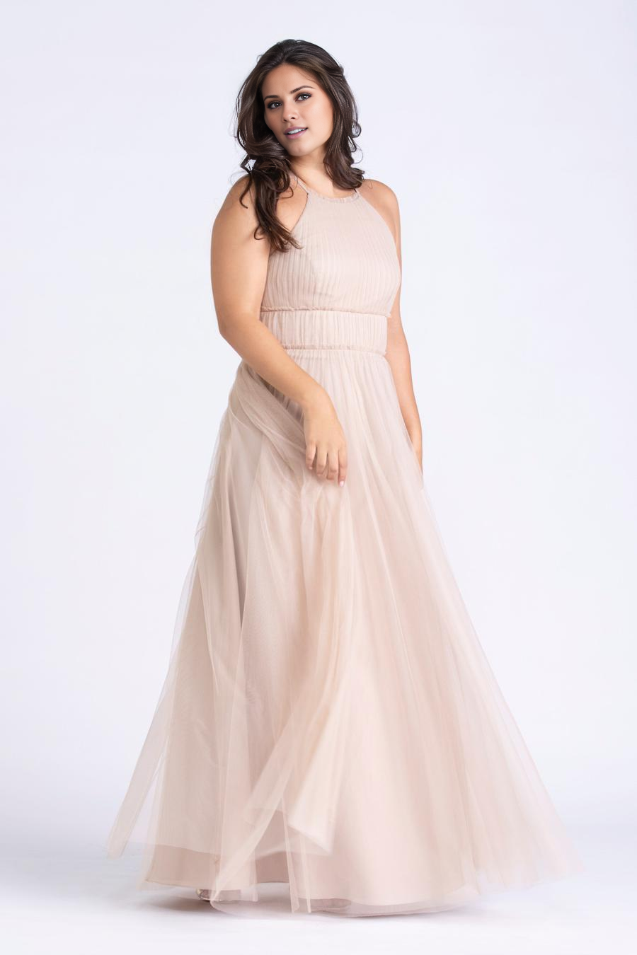 Vestido de noche Jimiss con cuello redondo, sin mangas, espalda descubierta, detalles plisados transparentes y largo hasta el suelo