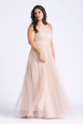 Vestido de noche Jimiss con cuello redondo, sin mangas, espalda descubierta, detalles plisados transparentes y largo hasta el suelo