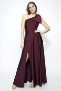 Vestido de fiesta Jimiss con cuello asimétrico, hombros descubiertos, sin mangas, espalda descubierta, abertura lateral y largo hasta el suelo
