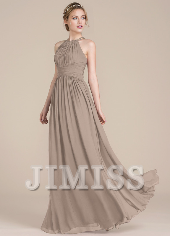 Vestido de dama de honor de gasa con escote redondo y corte A con diseño de hojas de loto