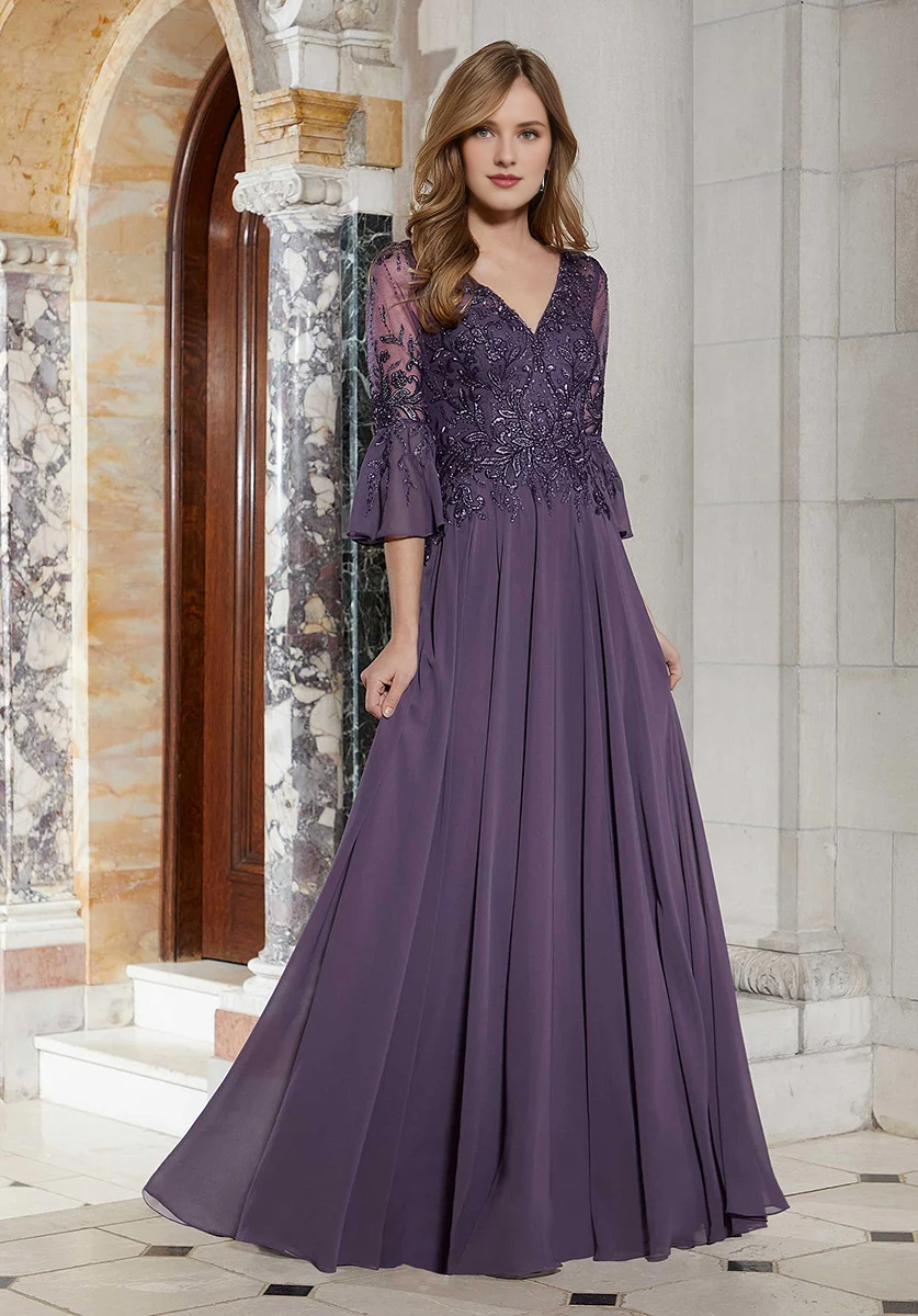 Mulberry Chiffon A-Line Floor-Length Dress with V-Neck & Back Zip
