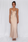 Vestido de fiesta Jimiss de satén con escote caído, sin espalda y largo hasta el suelo
