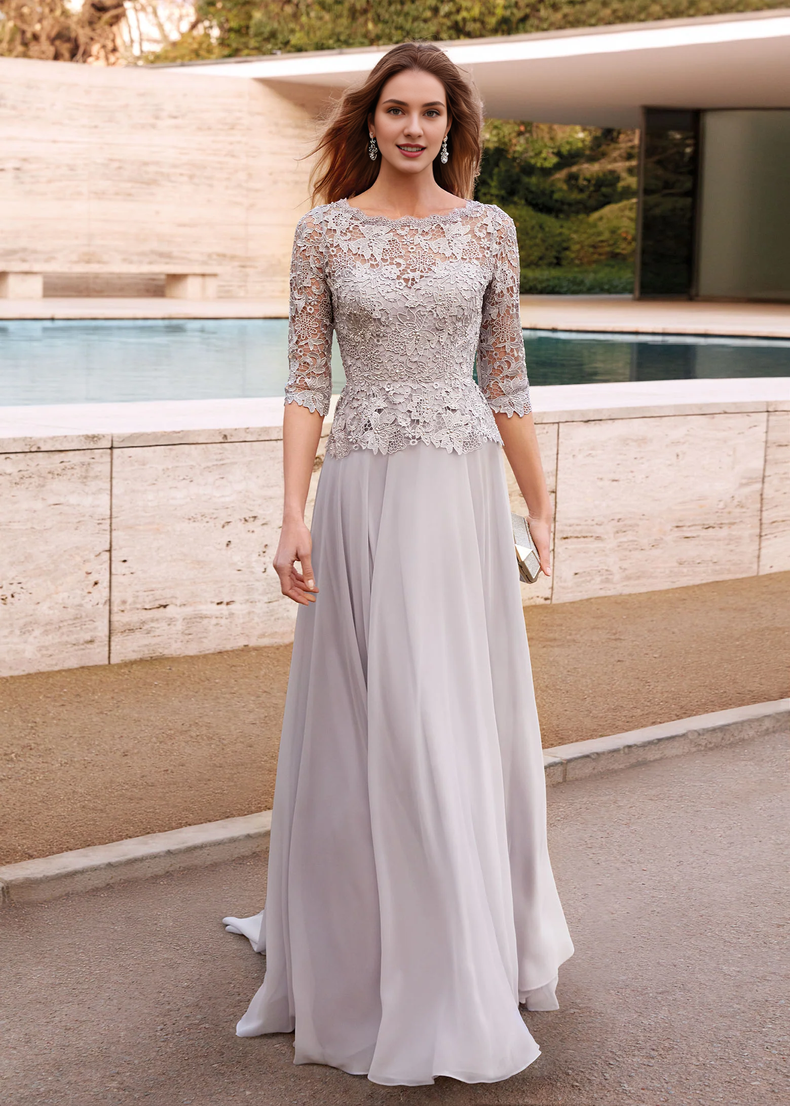 Silver Lace A-Line Floor-Length Bridesmaid Dress with Boat Neck & 3/4 Sleeves