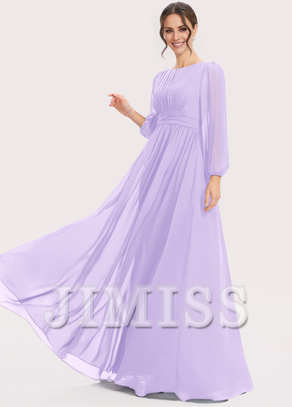 Dark Navy Chiffon A-Line Floor-Length Bridesmaid Dress with Boat Neck & Voluminous Sleeves