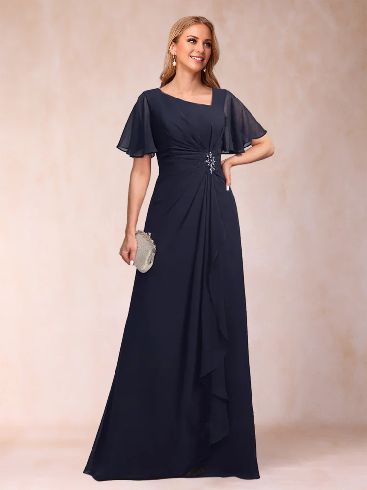 Dark Navy Chiffon A-Line Boat Neck Floor-Length Mother of the Bride Dress